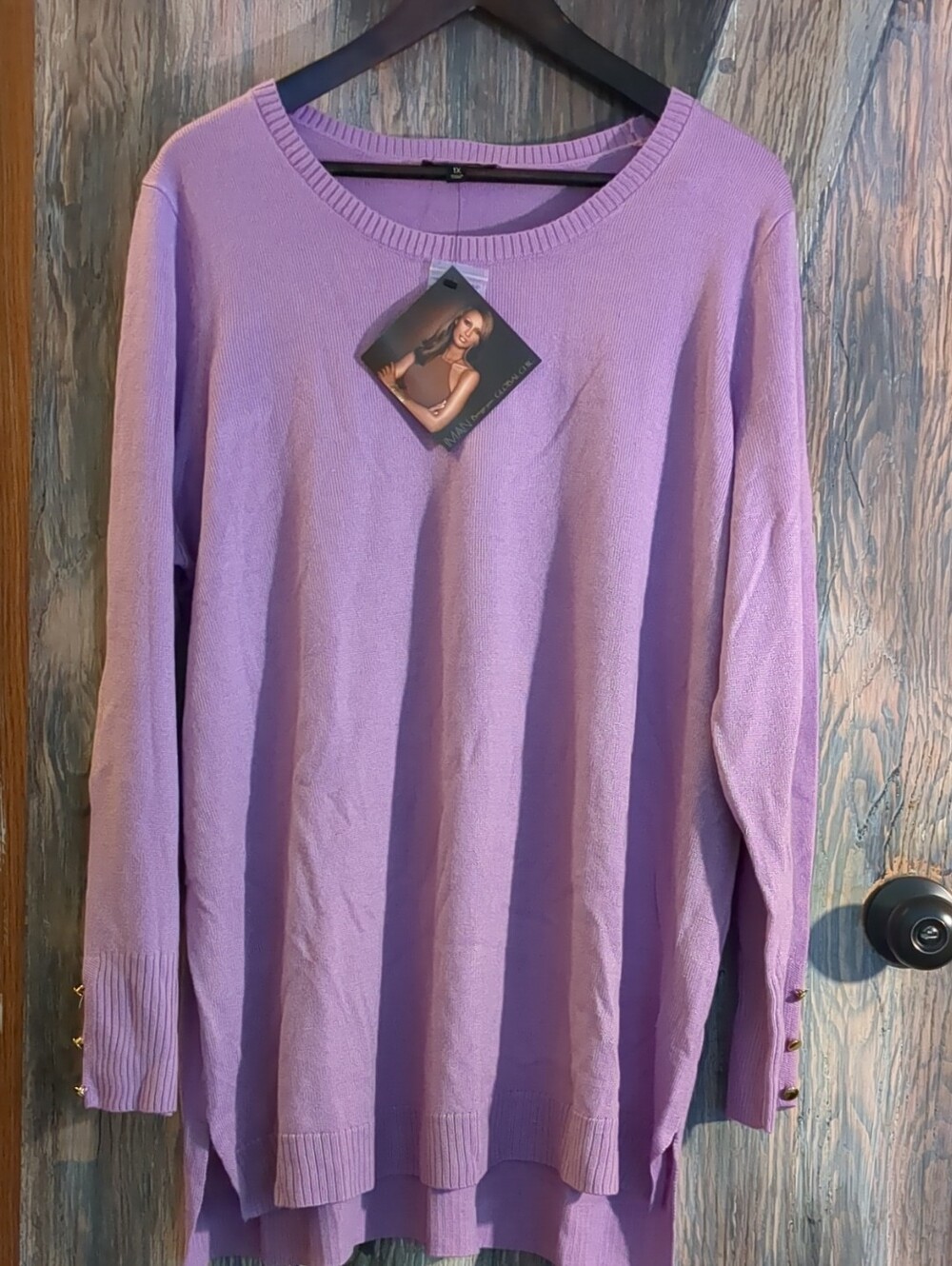 IMAN Lilac Crewneck Sweater Button Cuff Tunic Top 1X